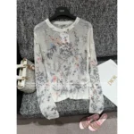 Dior 2025 Early Spring Collection 🌷 Heavy Floral Jacquard Logo Sheer Knit Top - Round Neck 100% Wool See-Through Blouse - Image 11