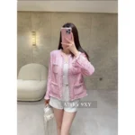 Chanel 2025P Early Spring Collection 🌸 Sakura Pink Tweed Set - Custom Round Neck w/ Pearl Buttons & Woven Pocket Blazer/Vest - Image 2