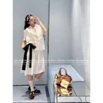 miumiu 2025SS Spring/Summer Collection 🎀 Embossed Jacquard Blouse & Bow-Back Skirt Set - Notch Collar Shirt with 3D Logo & Tiered Bustle Skirt - Image 5