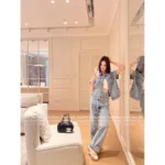 Dior 25SS Spring/Summer Collection 🤠 Heavy Enzyme Wash Denim Set - Embroidered Logo Short Sleeve Shirt & High-Waist Wide-Leg Pants - Image 8