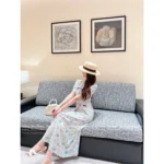 miumiu 🌷 French Vintage Socialite Style — 2025 Spring/Summer New Lace-Up Bow Print Maxi Dress for Women - Image 7