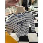 Prada 2025 Summer Essential 🩵 Classic Inverted Triangle Logo Tee - Figure-Hugging Striped Knit Short Sleeve - Image 12
