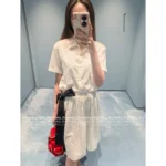 miumiu 2025SS Spring/Summer Collection 🎀 Embossed Jacquard Blouse & Bow-Back Skirt Set - Notch Collar Shirt with 3D Logo & Tiered Bustle Skirt - Image 4