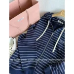 miumiu 2025SS Early Fall Collection 🤎 Striped Logo Hooded Jacket - Oversized Zip-Up w/ Relaxed Fit - Image 2