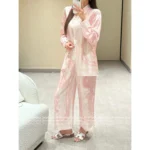 Hermes 2025 Spring/Summer Collection 🌸 Pink Silk Print Set - Notch Collar Blouse & Relaxed Trousers - Image 9