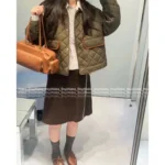 miumiu 25 New Autumn/Winter Collection Suede Patchwork Quilted Pocket Warm Army Green Cotton Jacket for Women - Image 14