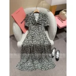 miumiu "French Retro Cottagecore Style" 🌼 2025SS Spring/Summer Collection - Bubble Sleeve Bow Tie V-Neck Print Maxi Dress - Image 11