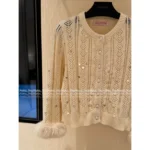 VALENTINO 2025SS Early Fall Runway Knit 🤍 Elegant Loop Yarn Cardigan with Pearl Buttons & Sequins** - Image 9