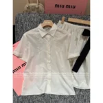 miumiu 2025SS Spring/Summer Collection 🎀 Embossed Jacquard Blouse & Bow-Back Skirt Set - Notch Collar Shirt with 3D Logo & Tiered Bustle Skirt - Image 2