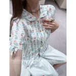 Chanel Vintage Floral Print Set 🌷 Pussy-Bow Blouse & Embroidered Shorts - Notch Collar w/ Letter Logo - Image 10