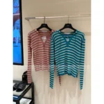 Dior 2025 Spring/Summer Collection 💙 Nautical Tie-Front Knit Top - Striped Notch Collar w/ Jacquard Logo & Silk-Blend - Image 14