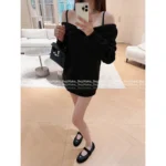 MIUMIU 2025 Early Fall Collection 6️⃣ Women's Black Off-Shoulder Hoodie - Sleeveless Drawstring Top w/ Adjustable Straps 🖤 - Image 4