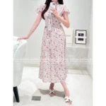 miumiu 🌷 French Vintage Socialite Style — 2025 Spring/Summer New Lace-Up Bow Print Maxi Dress for Women - Image 4
