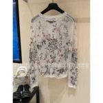 Dior 2025 Early Spring Collection 🌷 Heavy Floral Jacquard Logo Sheer Knit Top - Round Neck 100% Wool See-Through Blouse - Image 7