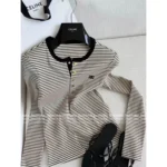 Celine 2025SS Early Fall Collection 🔍 Black & White Contrast Knit Top - Slim-Fit Round Neck w/ Metal Logo Buttons - Image 4