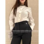 Louis Vuitton 2025SS Early Fall Collection 🤍 Women's White Shirt with Leather Trim - Genuine Leather Collar & Metal Button Details - Image 3