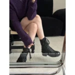 Chanel 25B Haute Atelier Collection 🔛 Round-Toe Leather Boots - Patchwork Logo & Block Heel w/ Lambskin Lining - Image 4