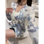 Dior 2025 Early Fall Blue Butterfly Knit Cardigan 🦋 Women's Wool Blend Open-Front Coat with Floral Print - Image 3