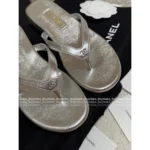 Chanel 25A Spring/Summer Collection 🩴 Laser Metallic Slide Sandals - Heavyweight Leather w/ Crystal Toe-Post - Image 6