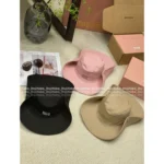 miumiu 2025 Spring/Summer Collection 🎩 Embroidered Letter Logo Fisherman Hat - Western Style Wide Brim for Sun Protection & Face Slimming - Image 2