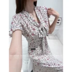 miumiu 🌷 French Vintage Socialite Style — 2025 Spring/Summer New Lace-Up Bow Print Maxi Dress for Women