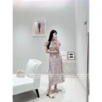 miumiu 🌷 French Vintage Socialite Style — 2025 Spring/Summer New Lace-Up Bow Print Maxi Dress for Women - Image 2