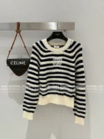 Celine 2025SS Fall/Winter Jacquard Embroidered Logo Sweater 🔍 Black & White Color-Block Round Neck Wool Pullover - Image 14