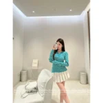 Dior 2025 Spring/Summer Collection 💙 Nautical Tie-Front Knit Top - Striped Notch Collar w/ Jacquard Logo & Silk-Blend - Image 10