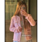 Chanel 2025P Early Spring Collection 🌸 Sakura Pink Tweed Set - Custom Round Neck w/ Pearl Buttons & Woven Pocket Blazer/Vest - Image 8