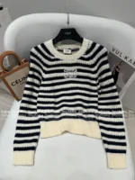 Celine 2025SS Fall/Winter Jacquard Embroidered Logo Sweater 🔍 Black & White Color-Block Round Neck Wool Pullover - Image 13