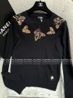 Chanel 25A Haute Atelier Collection 🔎 Heavy Crystal Embroidered Sweater - Black Cashmere Round Neck Pullover w/ Floral Motif - Image 3