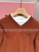 miumiu 25SS Early Fall Collection 🐻 Fake Two-Layer Knit Sweater - Preppy Brown Letter Logo Cropped Pullover - Image 21