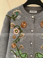 BRUNELLO CUCINELLI 2025SS Fall/Winter Collection 🩶 Artisan Floral Jacquard Cardigan - Niche Design Grey Cashmere Blend Knit - Image 3