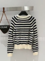 Celine 2025SS Fall/Winter Jacquard Embroidered Logo Sweater 🔍 Black & White Color-Block Round Neck Wool Pullover - Image 12