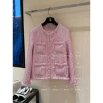 Chanel 2025P Early Spring Collection 🌸 Sakura Pink Tweed Set - Custom Round Neck w/ Pearl Buttons & Woven Pocket Blazer/Vest - Image 6