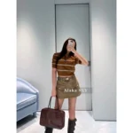 miumiu 2025 Spring/Summer Collection 🐻 Maillard Tone Polo Tee - American Retro Hot Girl Style w/ Notch Collar & Striped Jacquard Logo - Image 8