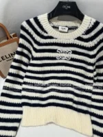 Celine 2025SS Fall/Winter Jacquard Embroidered Logo Sweater 🔍 Black & White Color-Block Round Neck Wool Pullover - Image 11