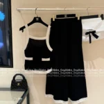 Chanel 25S Early Spring Collection 🔍 Terry Fabric Set - Black & White Color-Block Logo Pocket Vest & Maxi Skirt