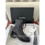 Chanel 25B Haute Atelier Collection 🔛 Round-Toe Leather Boots - Patchwork Logo & Block Heel w/ Lambskin Lining - Image 12