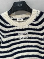Celine 2025SS Fall/Winter Jacquard Embroidered Logo Sweater 🔍 Black & White Color-Block Round Neck Wool Pullover - Image 10
