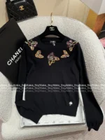 Chanel 25A Haute Atelier Collection 🔎 Heavy Crystal Embroidered Sweater - Black Cashmere Round Neck Pullover w/ Floral Motif - Image 21