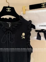 Chanel 25A Summer Collection 🖤 Pleated Ruffle Sleeveless Top - Brooch Logo & Minimalist Elegance - Image 9