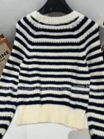 Celine 2025SS Fall/Winter Jacquard Embroidered Logo Sweater 🔍 Black & White Color-Block Round Neck Wool Pullover - Image 9
