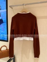miumiu 25SS Early Fall Collection 🐻 Fake Two-Layer Knit Sweater - Preppy Brown Letter Logo Cropped Pullover - Image 17