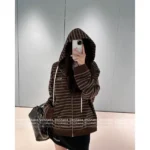 miumiu 2025SS Early Fall Collection 🤎 Striped Logo Hooded Jacket - Oversized Zip-Up w/ Relaxed Fit