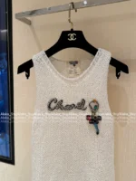 Chanel 2025 Vintage Inspired Collection 🤍 Crochet Knit Vest - Round Neck Embroidered Crystal Letter Logo - Image 19