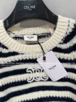 Celine 2025SS Fall/Winter Jacquard Embroidered Logo Sweater 🔍 Black & White Color-Block Round Neck Wool Pullover - Image 7