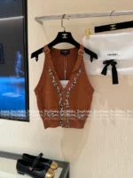 Chanel 25A Haute Atelier Collection ❕ Strap Detail Camisole - Sequined Embroidered Logo & Lace Trim Wool Vest - Image 18