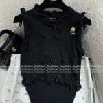 Chanel 25A Summer Collection 🖤 Pleated Ruffle Sleeveless Top - Brooch Logo & Minimalist Elegance