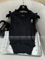Chanel 25A Summer Collection 🖤 Pleated Ruffle Sleeveless Top - Brooch Logo & Minimalist Elegance